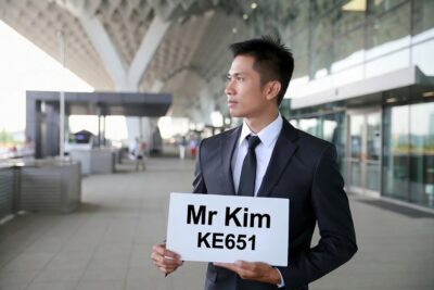 Professional chauffeur waiting with name sign at Bangkok airport for private transfer