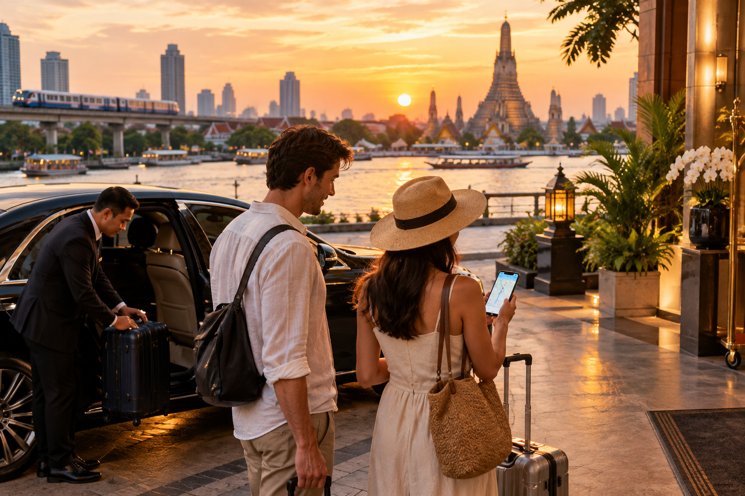 Private airport limo arrival at a Bangkok hotel at sunset