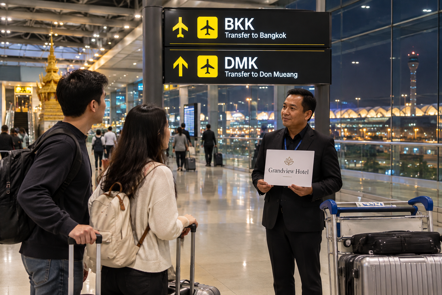 First-time visitors meeting a private airport transfer driver at Bangkok airport