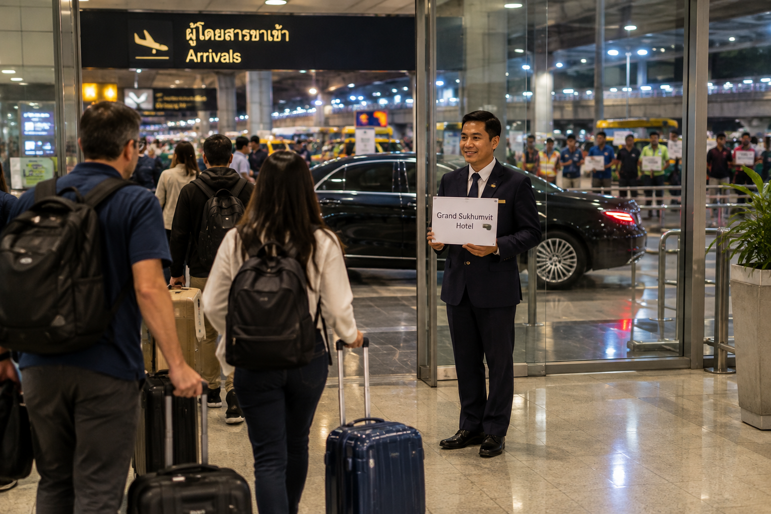 Driver meeting arriving travelers inside Bangkok airport