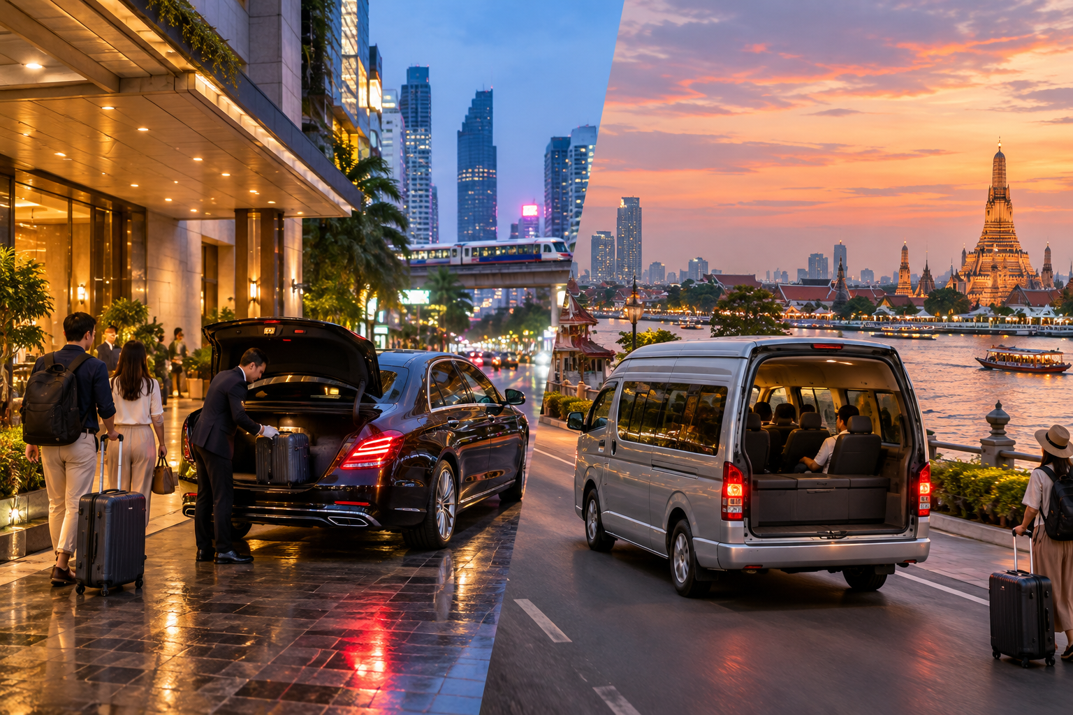Private airport transfer arriving at different Bangkok hotel areas at dusk