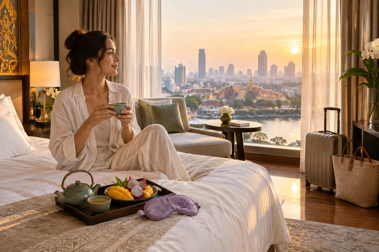 Jet lag recovery setup in a calm Bangkok hotel room at sunrise