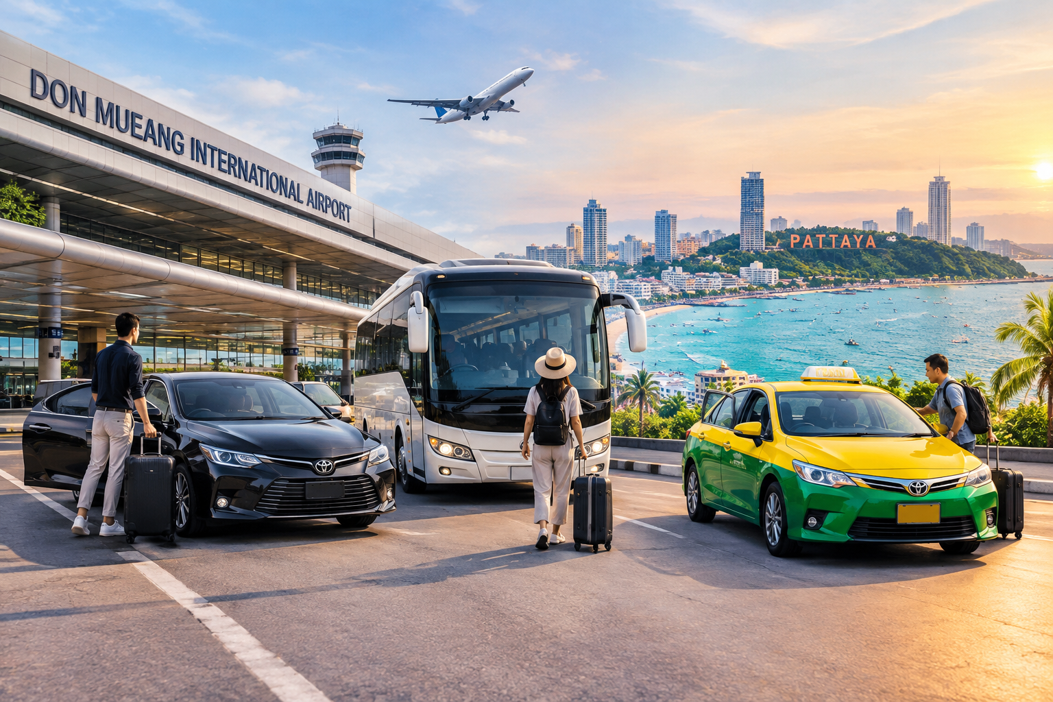 Don Mueang to Pattaya transfer options with private car, bus, and taxi